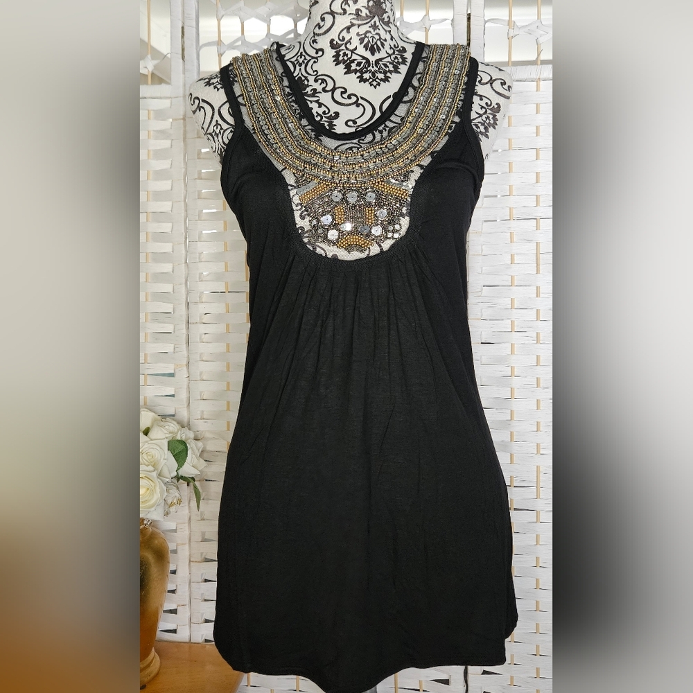 💥Loveapella Black/Gold/Silver Beaded Mesh Yoke Racerback Tunic Tank Blouse XS-S